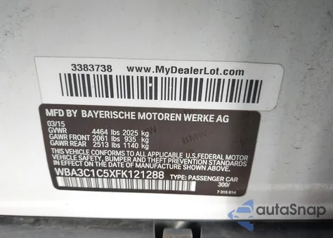 2015 BMW 328I z USA, uszkodzony, nr VIN WBA3C1C5XFK121288